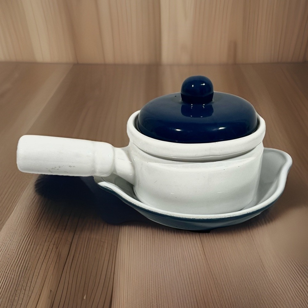 Emile Henry Blue Glazed Stoneware Dish With Mini Sauce Pan Set Ceramic White